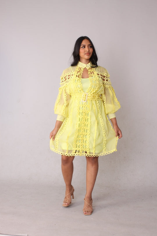 Lace Trim Dress with Matching Belt -82159
