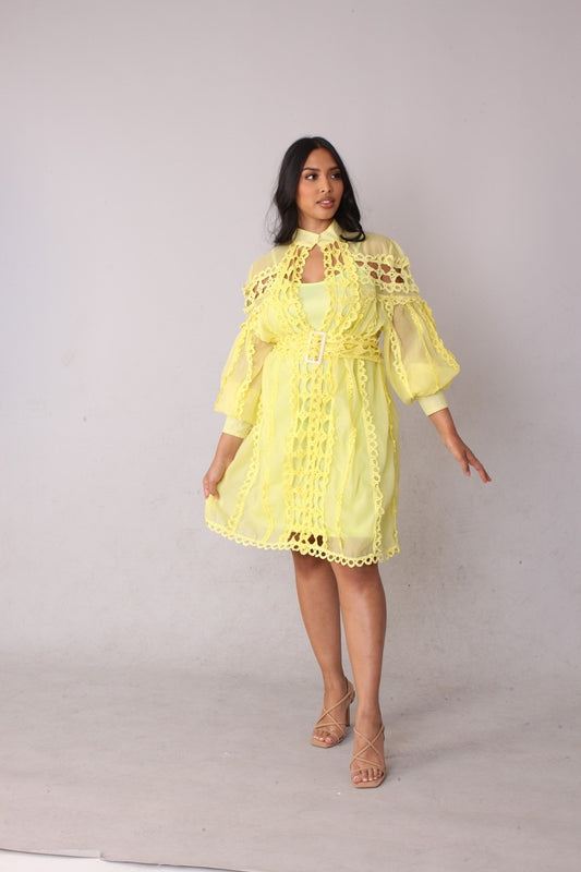 Lace Trim Dress with Matching Belt -82159
