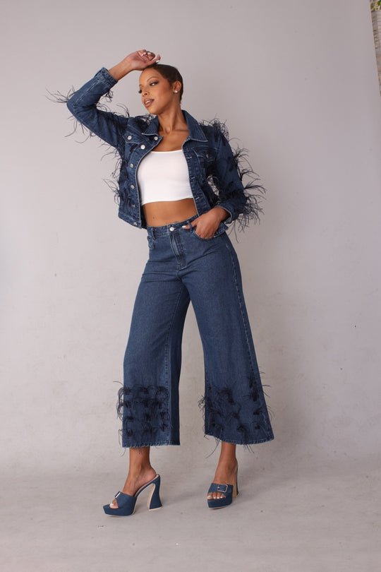 Feather Trim Denim Jacket - 82303