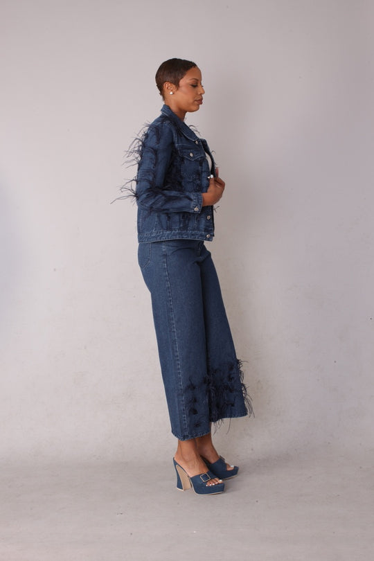 Feather Trim Denim Jacket - 82303