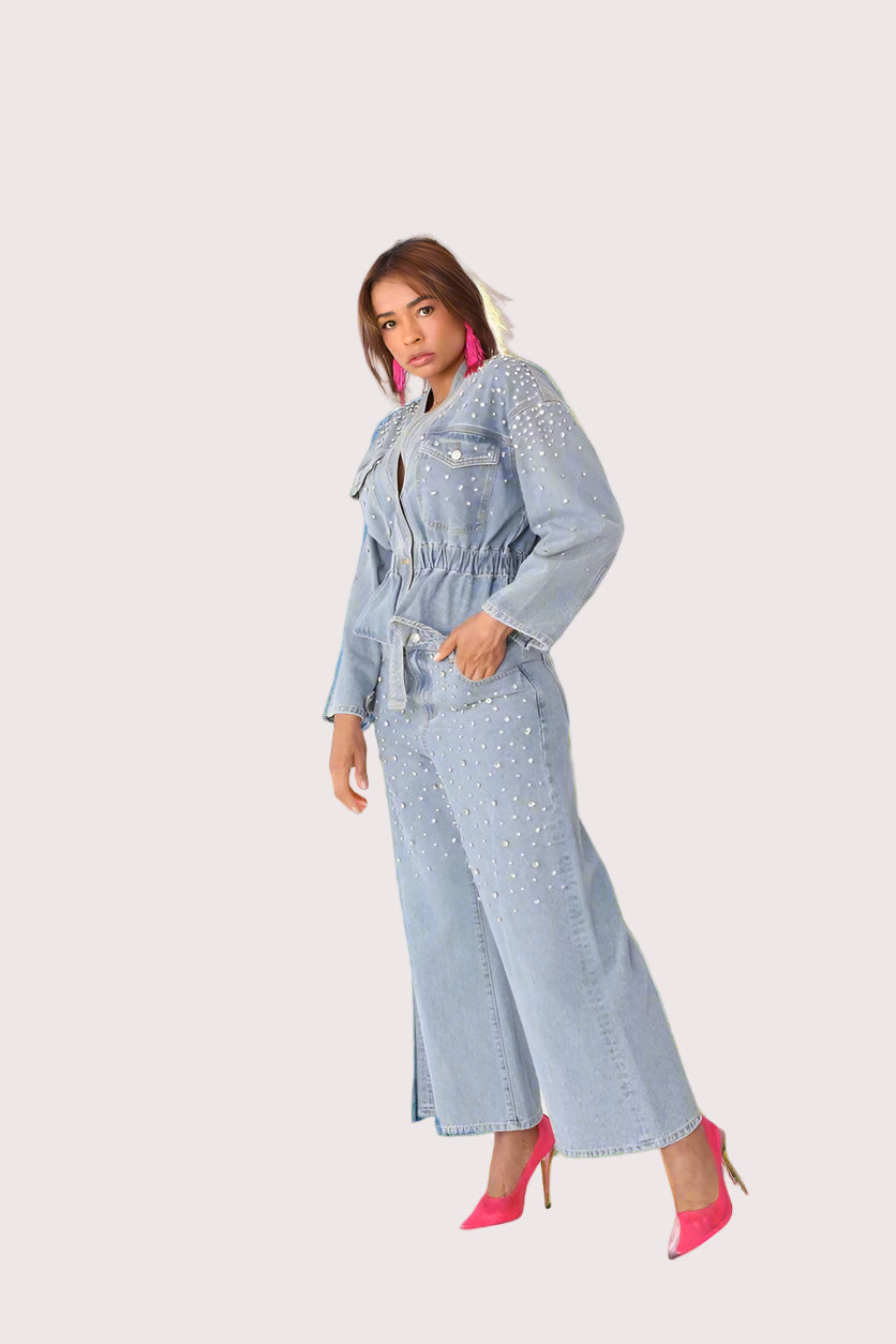 Pearl Cascade Peplum Denim Jacket - 82325