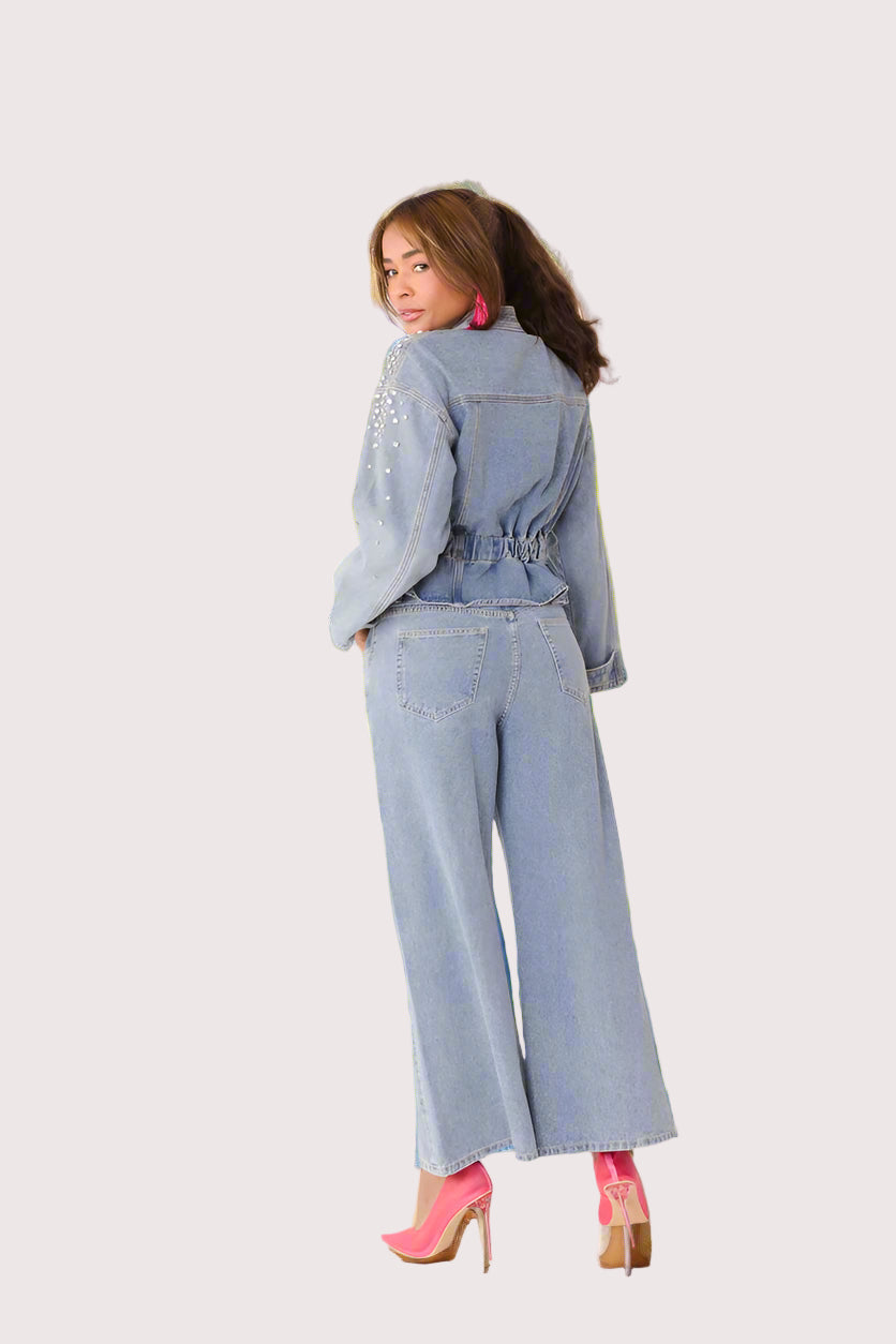 Pearl Cascade Peplum Denim Jacket - 82325