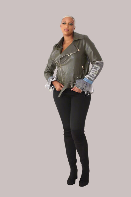 Leather Jacket with Denim Patchwork & Tulle Cuffs -81827