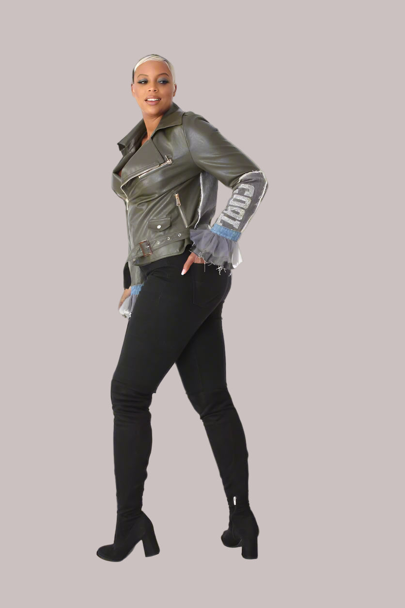 Leather Jacket with Denim Patchwork & Tulle Cuffs -81827