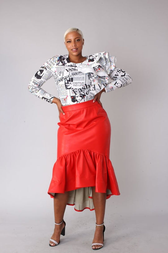 Leather Ruffle Midi Skirt -81916