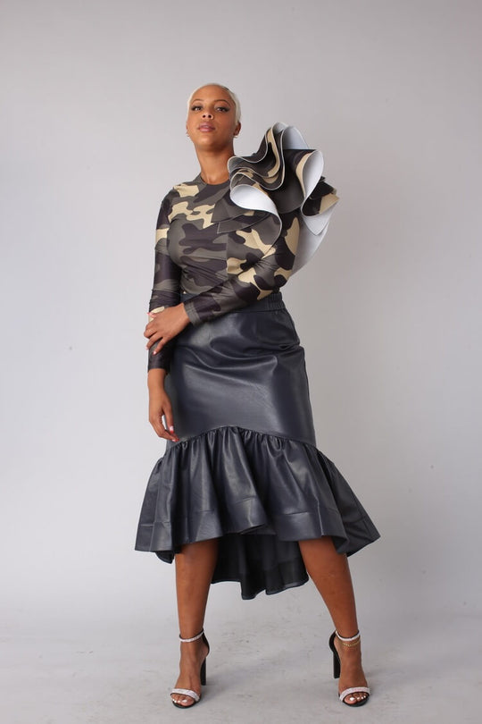 Leather Ruffle Midi Skirt -81916