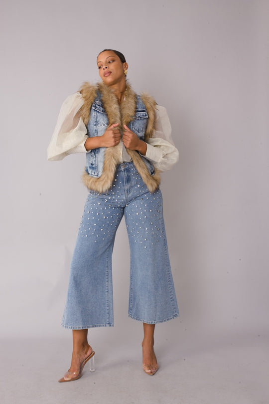 Denim Vest with Fur Trim- 82007