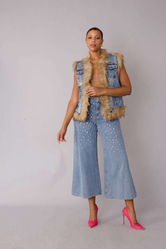 Denim Vest with Fur Trim- 82007