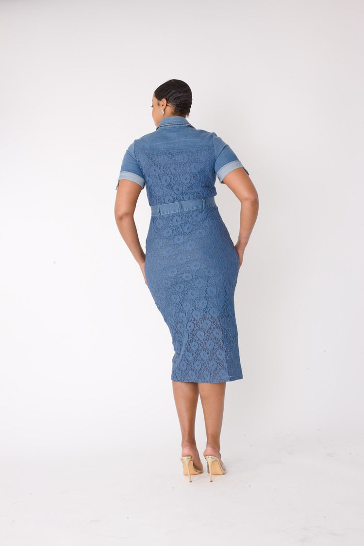 Back view of denim midi dress with lace trim and belted waist for a flattering silhouette.