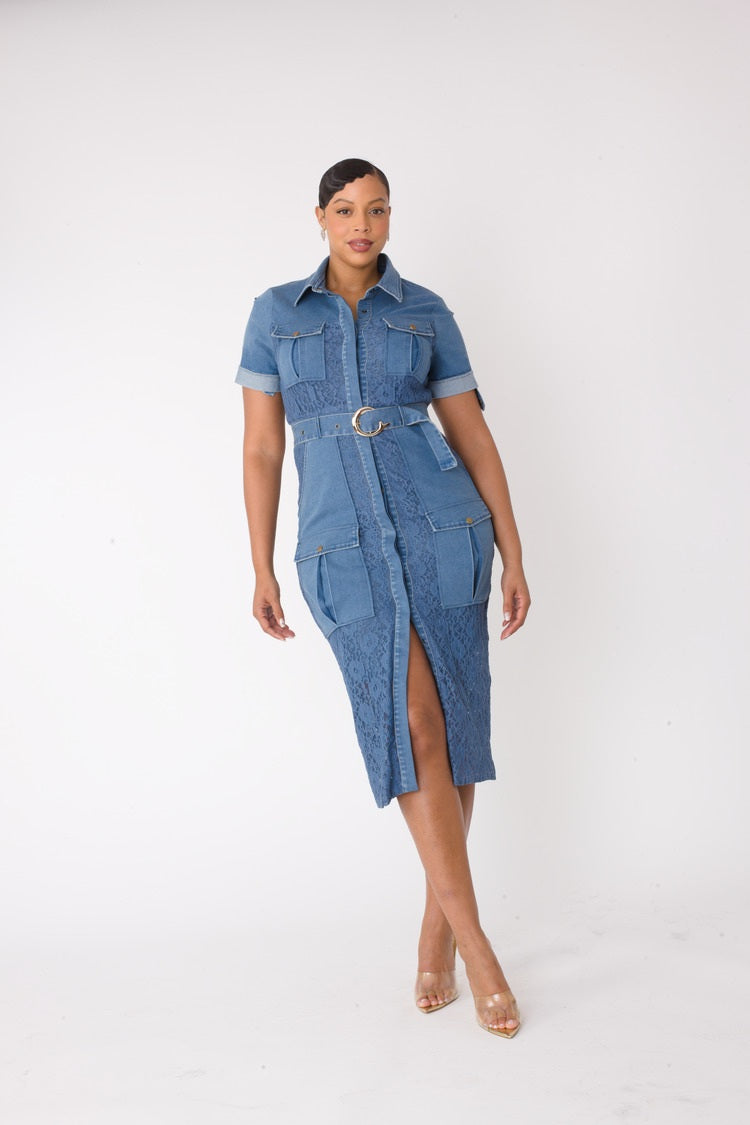 Lace Trimmed Denim Midi Dress for Casual Chic Denim BLUE / M