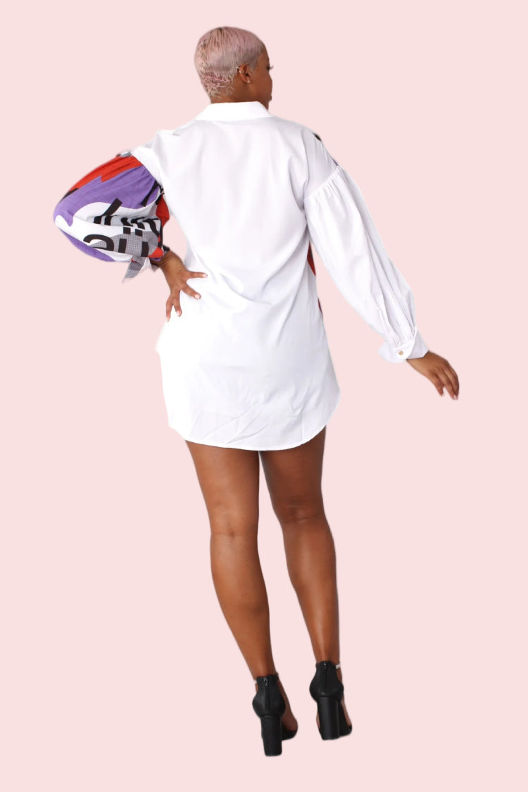 Avant-Garde Printed Shirt Dress 81932 – Bold Graphic Collage Tunic