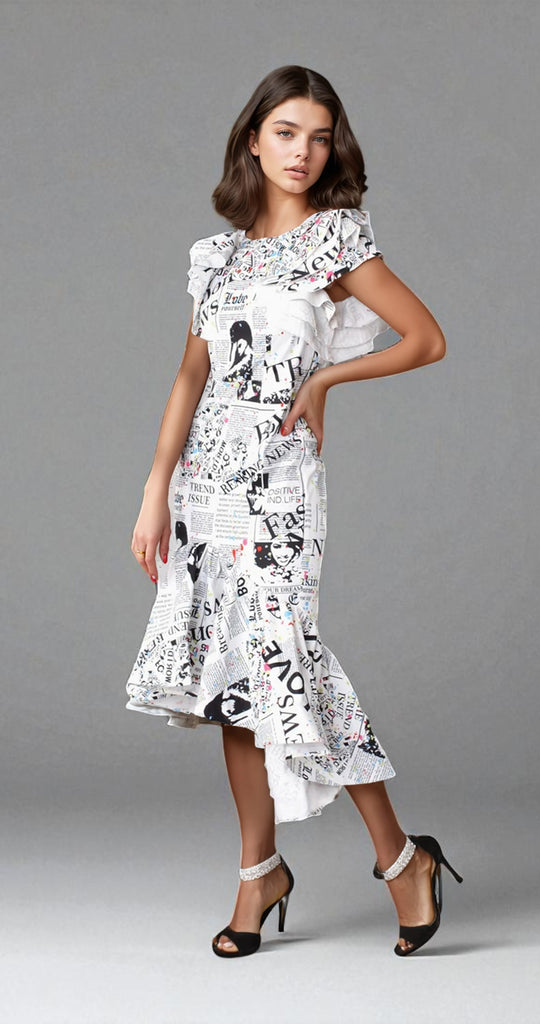 Newspaper Ruffle Midi Dress -81921