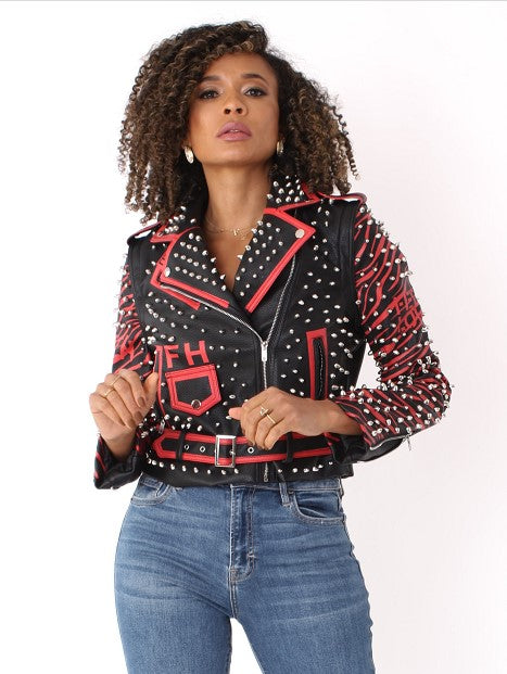 Studded Leather Jacket with Detachable Sleeves - 81989