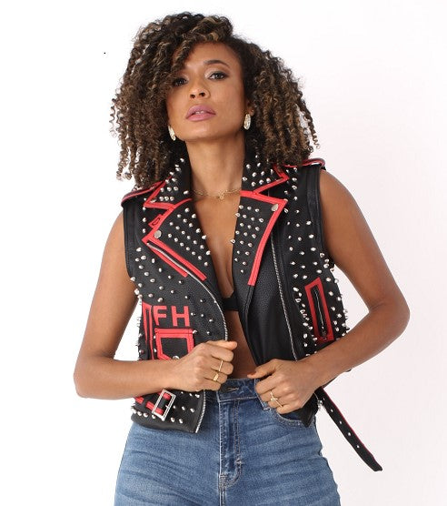 Studded Leather Jacket with Detachable Sleeves - 81989