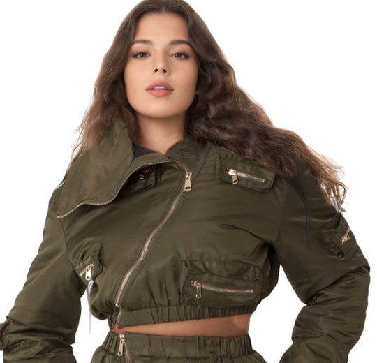 Olive Cropped Utility Bomber Jacket |  Style #82404