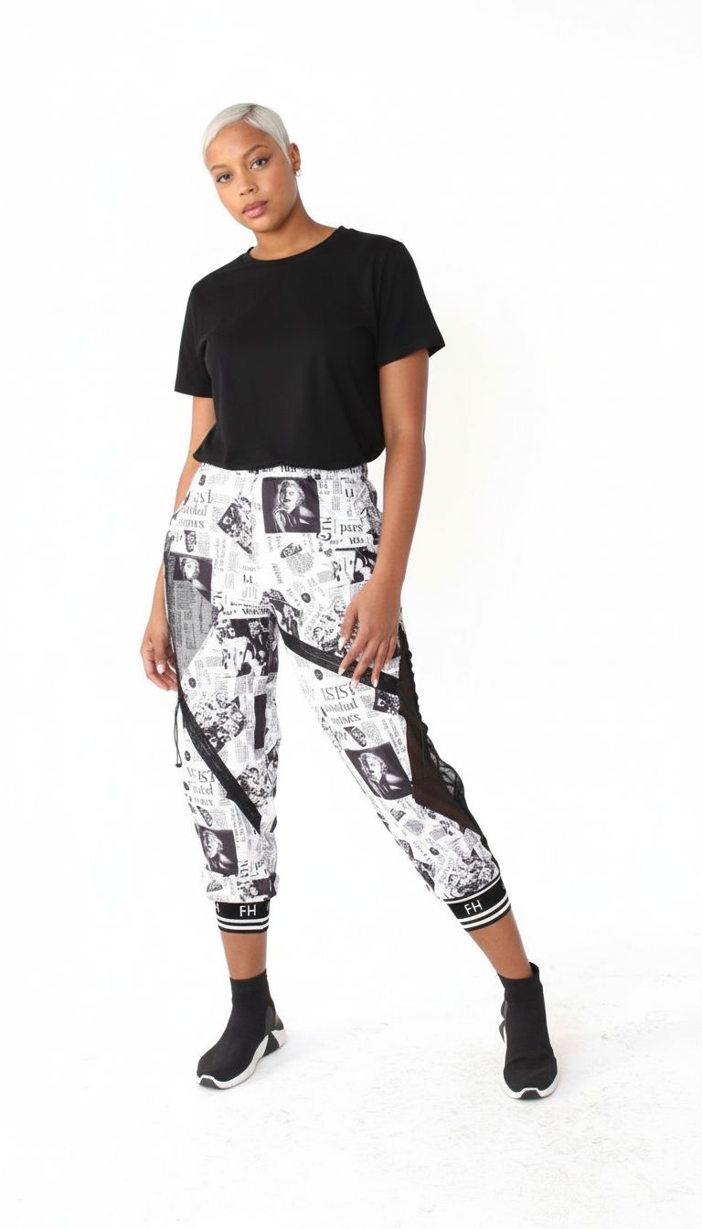 Printed Mesh Patchwork Joggers -81856