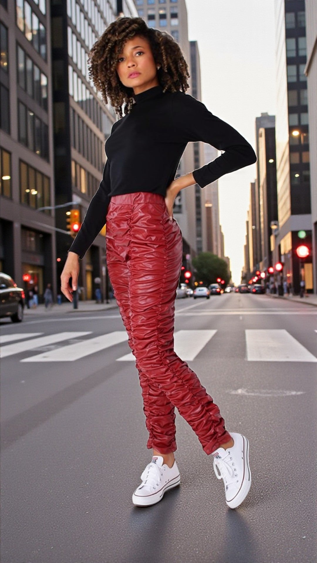 Ruched Faux Leather High-Rise Pants -81858