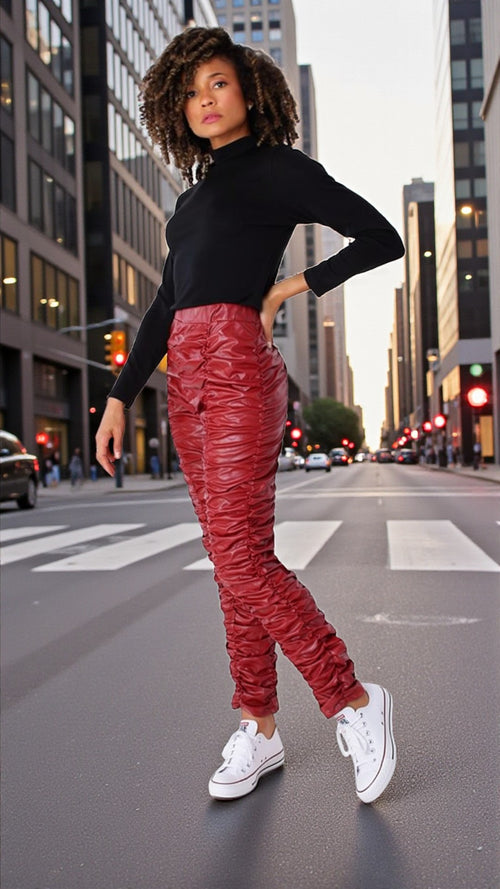 Ruched Faux Leather High-Rise Pants -81858