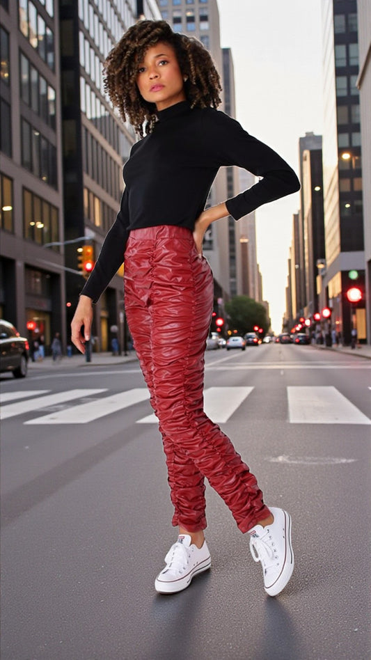 Ruched Faux Leather High-Rise Pants -81858
