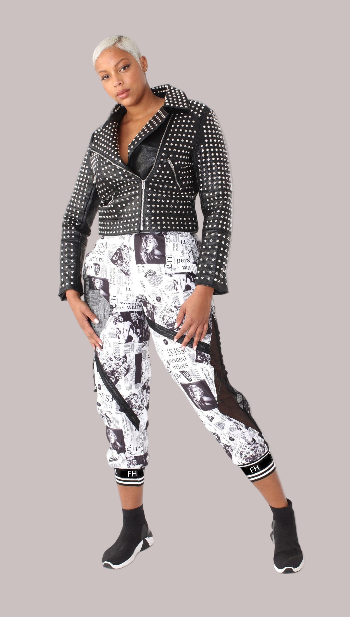 Printed Mesh Patchwork Joggers -81856