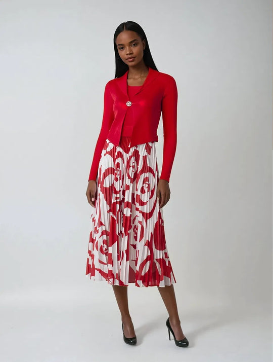 Print Pleated Dress with Attached Jacket- 82782