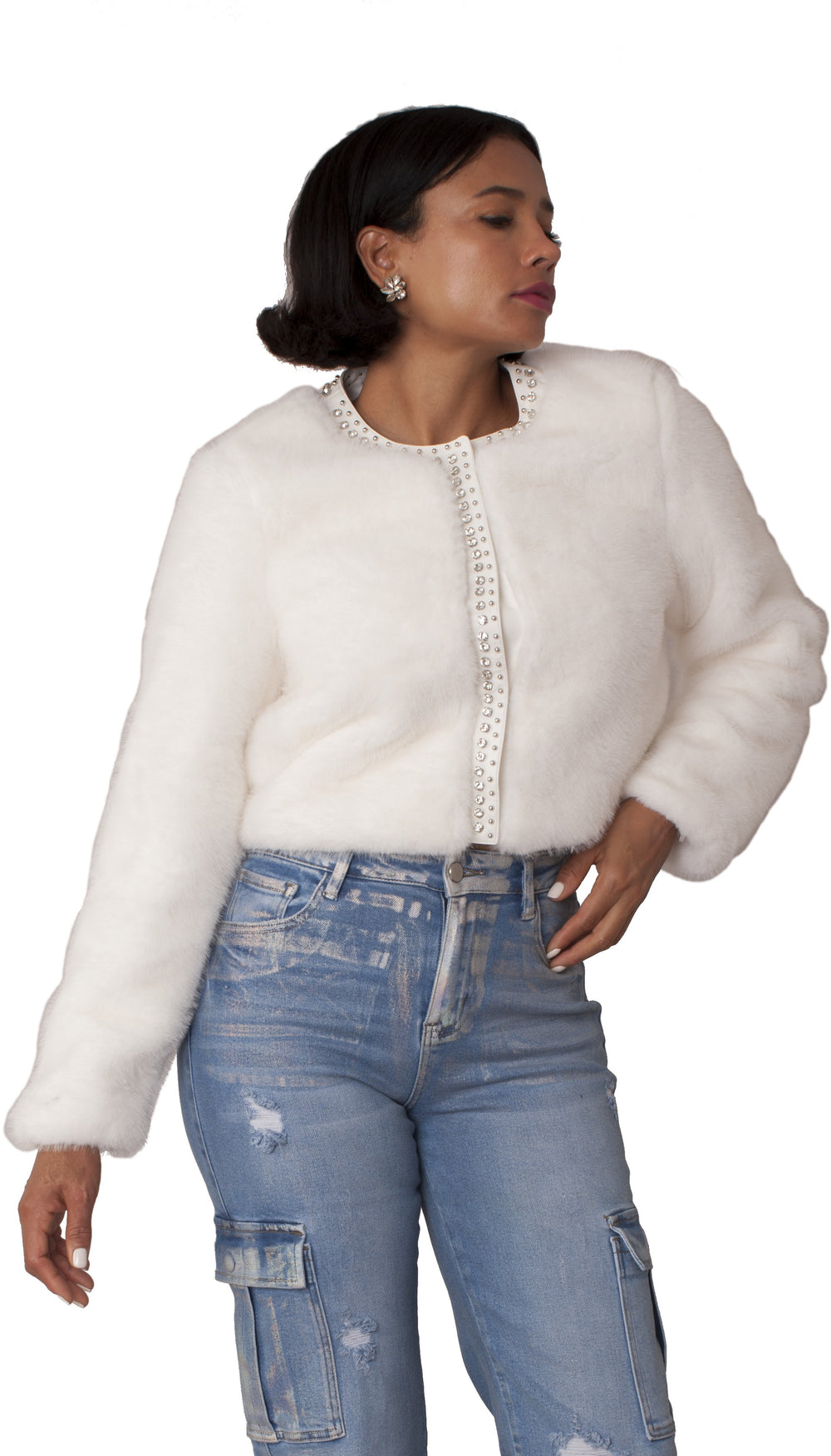 Cropped Rhinestone-Trimmed Fur Jacket -82652