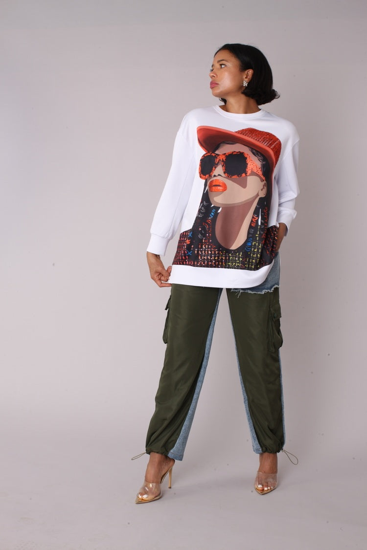 Alternate front pose of model wearing the white artistic portrait graphic long sleeve t shirt emphasizing artistic print and comfortable silhouette by For Her NYC
