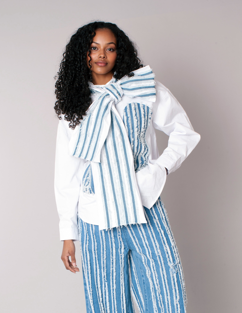 Asymmetric Stripe Top with Statement Bow - 83063