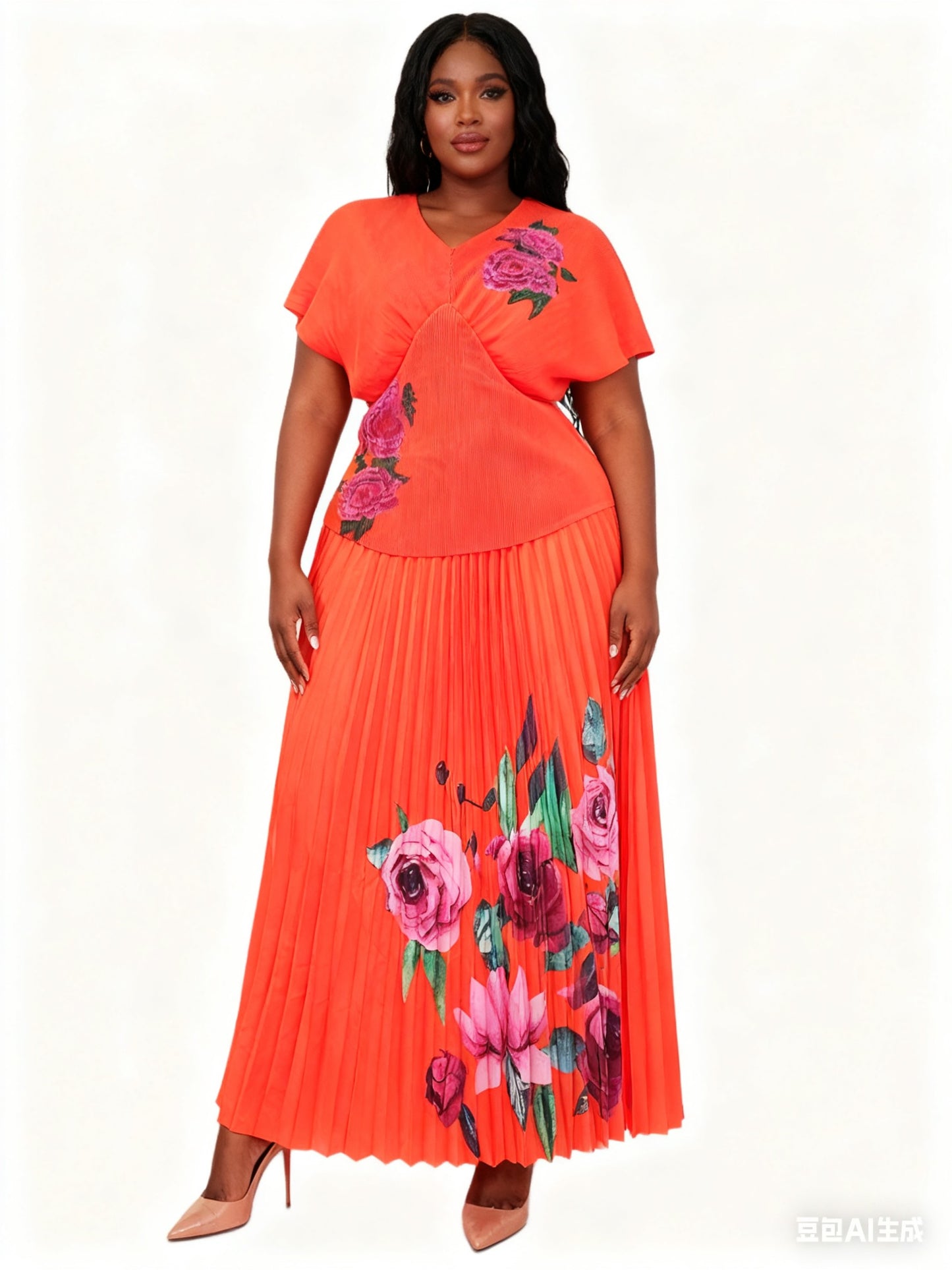 Front view of model wearing an orange pleated skirt set with bold floral detailing and relaxed fit top, For Her NYC