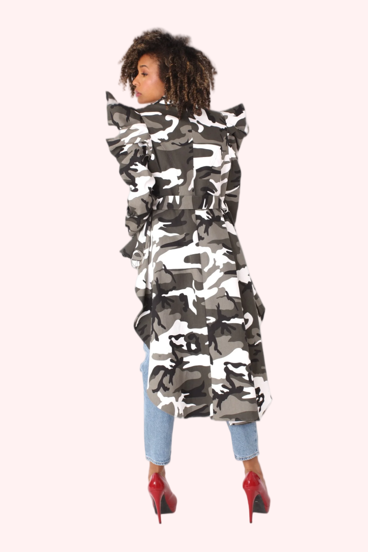 Camo print longline jacket shown from the back in studio pose.