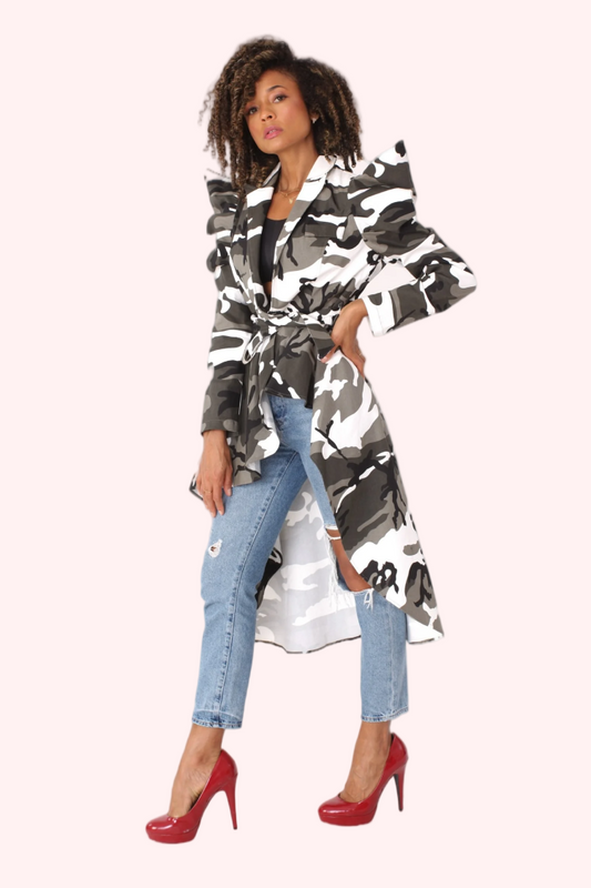 Camo print longline jacket shown in full front studio pose.