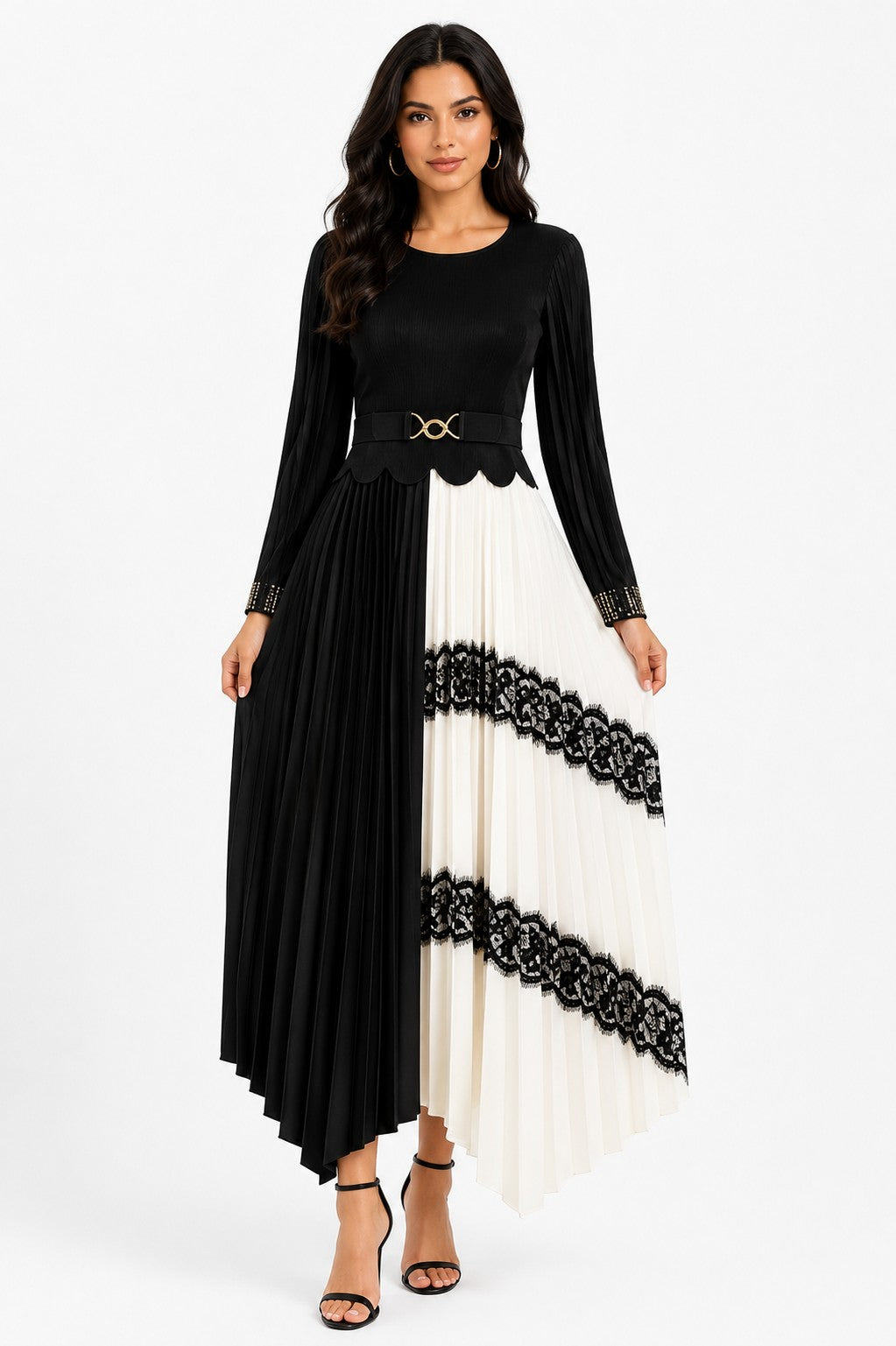 Model wearing the Colorblock Pleated Lace Trim Midi Dress in Black with elegant pleats, contrasting lace trim, a defined waist, and a sophisticated midi-length silhouette by For Her NYC