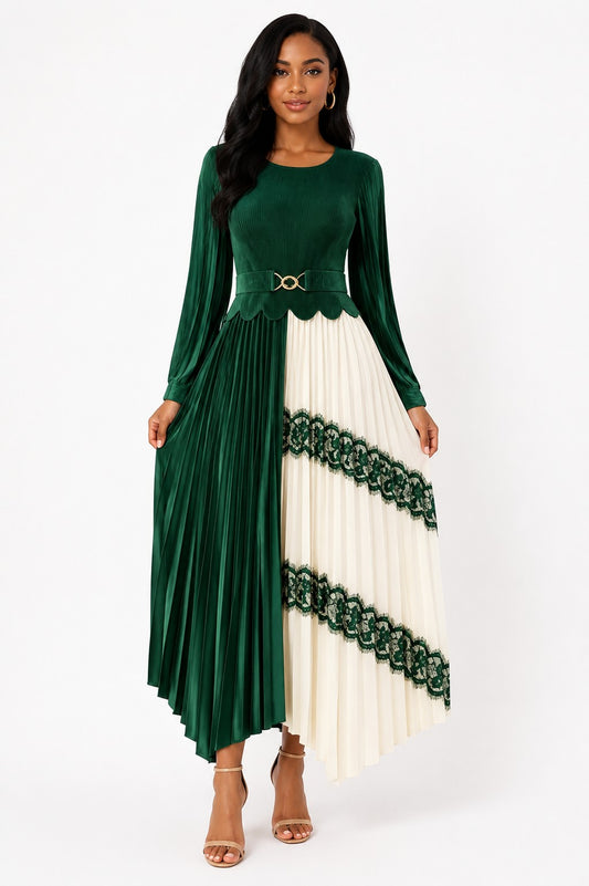Model wearing the Colorblock Pleated Lace Trim Midi Dress in Green featuring flowing pleats, lace trim accents, a belted waist, and a graceful midi-length silhouette by For Her Nyc