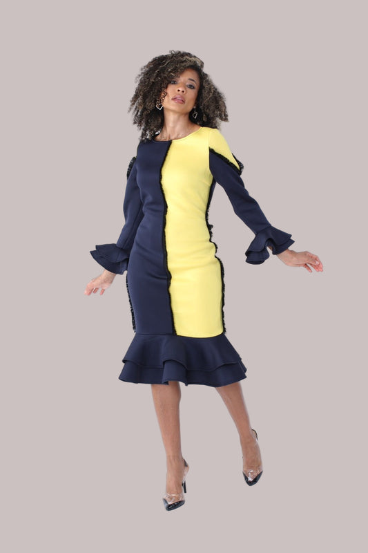 Front view of yellow and navy colorblock ruffle midi dress with bell sleeves — For Her NYC.
