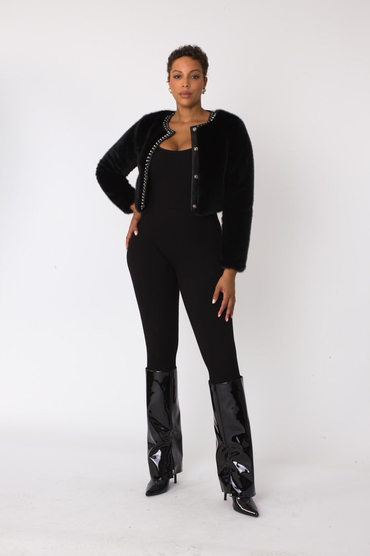 Black cropped faux fur jacket with rhinestone trim front view – For Her NYC