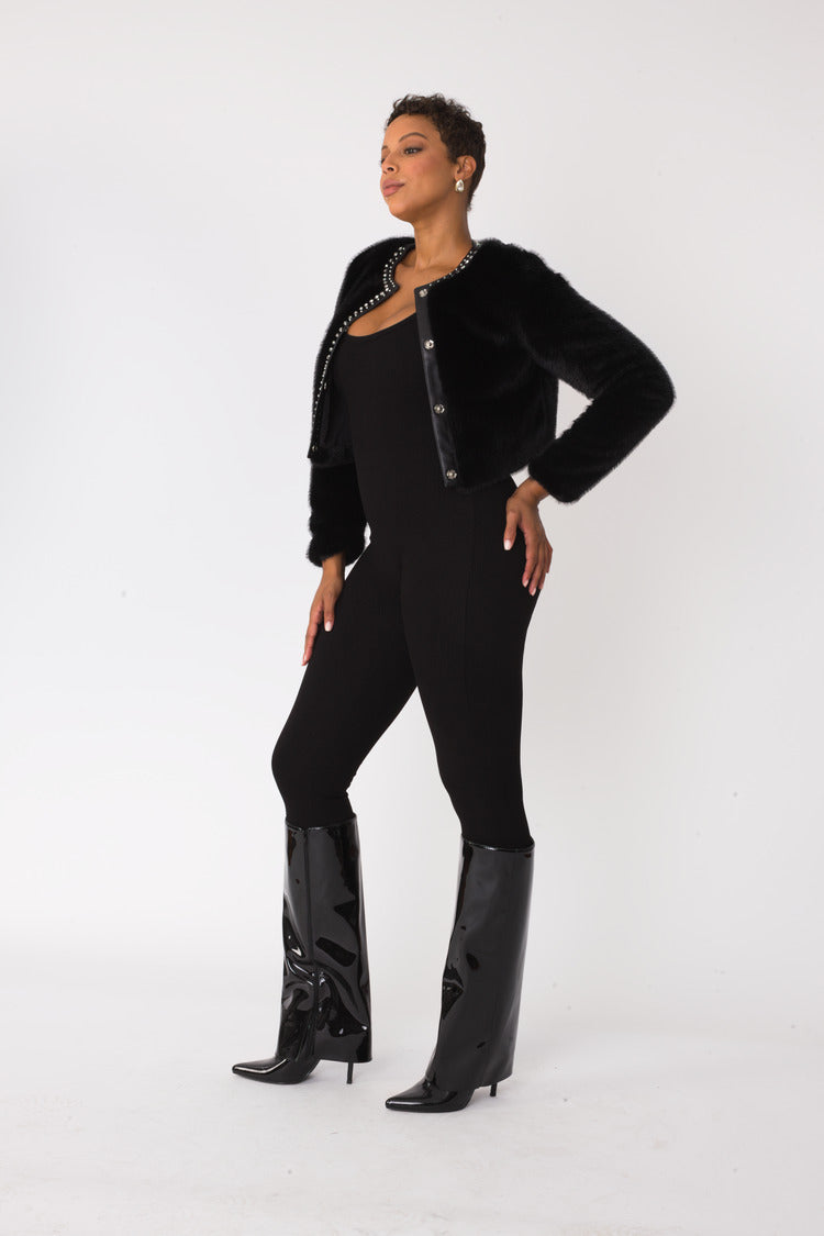 Black cropped fur jacket side angle with rhinestone trim – For Her NYC