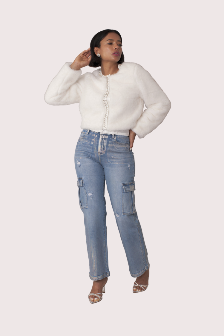White cropped faux fur jacket with rhinestone trim front view – For Her NYC