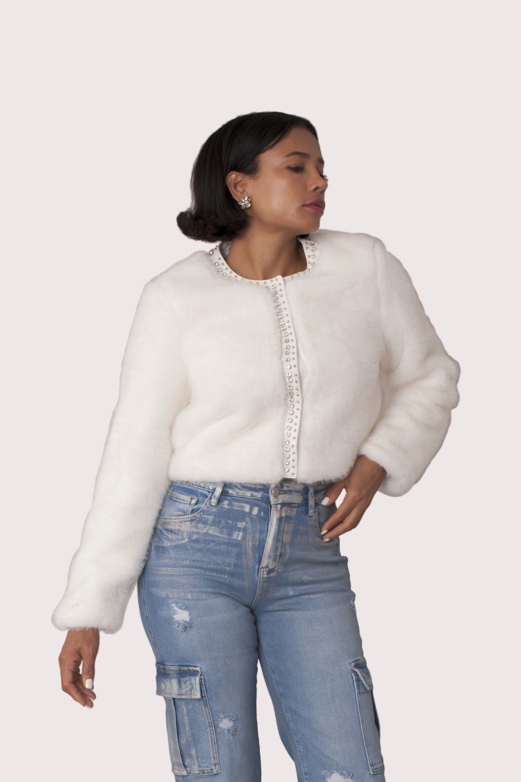 White cropped fur jacket side view showing shimmer rhinestone trim – For Her NYC