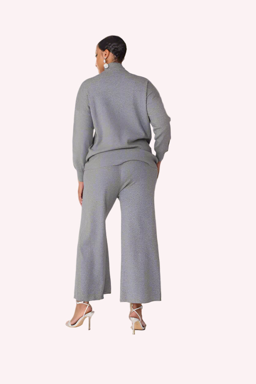 Back view of model wearing the grey crystal rain lounge set showing clean back design and wide leg pant fit by For Her NYC