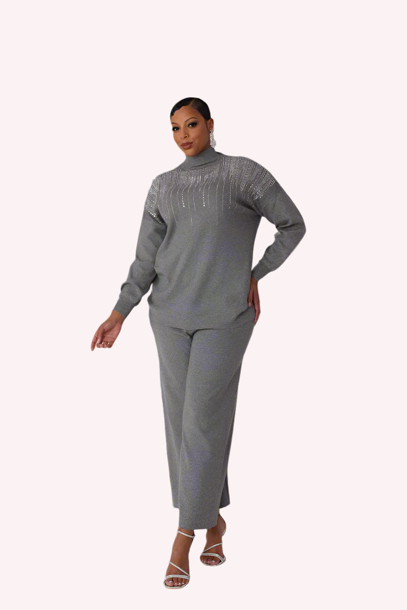 Three quarter angled view of model wearing the grey crystal rain lounge set emphasizing relaxed fit and modern loungewear silhouette by For Her NYC