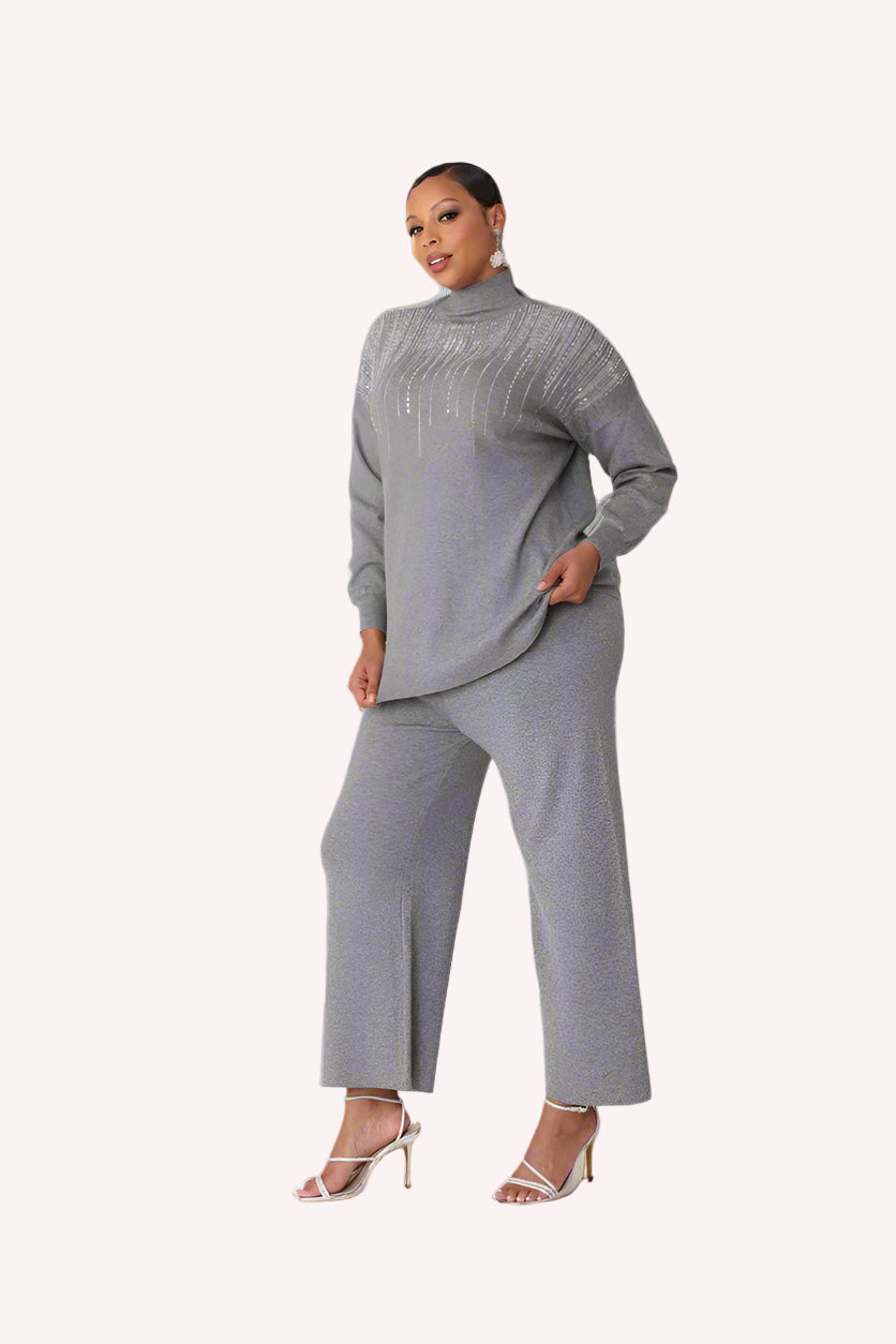 Three quarter angled view of model wearing the grey crystal rain lounge set emphasizing relaxed fit and modern loungewear silhouette by For Her NYC