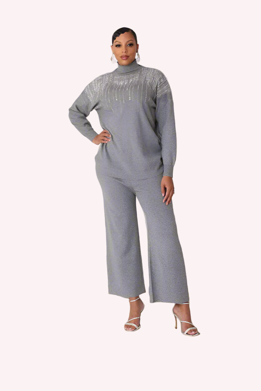 Three quarter angled view of model wearing the grey crystal rain lounge set emphasizing relaxed fit and modern loungewear silhouette by For Her NYC