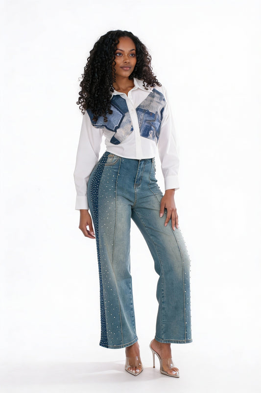 Model wearing high-rise wide leg jeans with sparkling crystal side panels, front view – For Her NYC