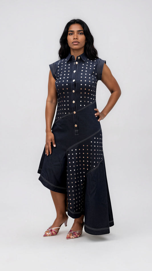 Model wearing the Crystal Stud Asymmetrical Denim Maxi Dress in dark denim featuring crystal stud embellishments, a collared neckline, cap sleeves, and an asymmetrical high-low hem. For Her NYC.