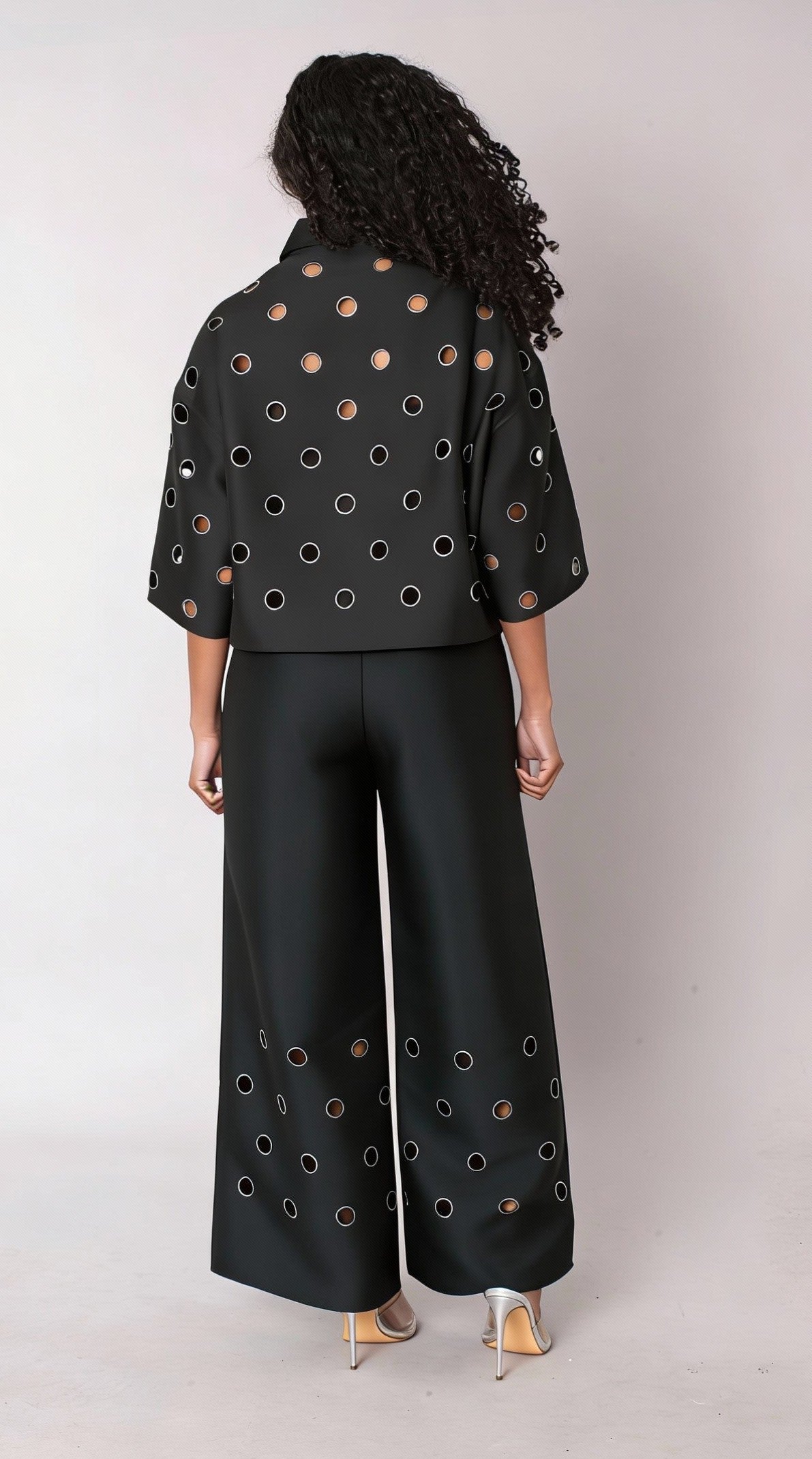 Black cutout grommet cropped button-down top with back view – For Her NYC