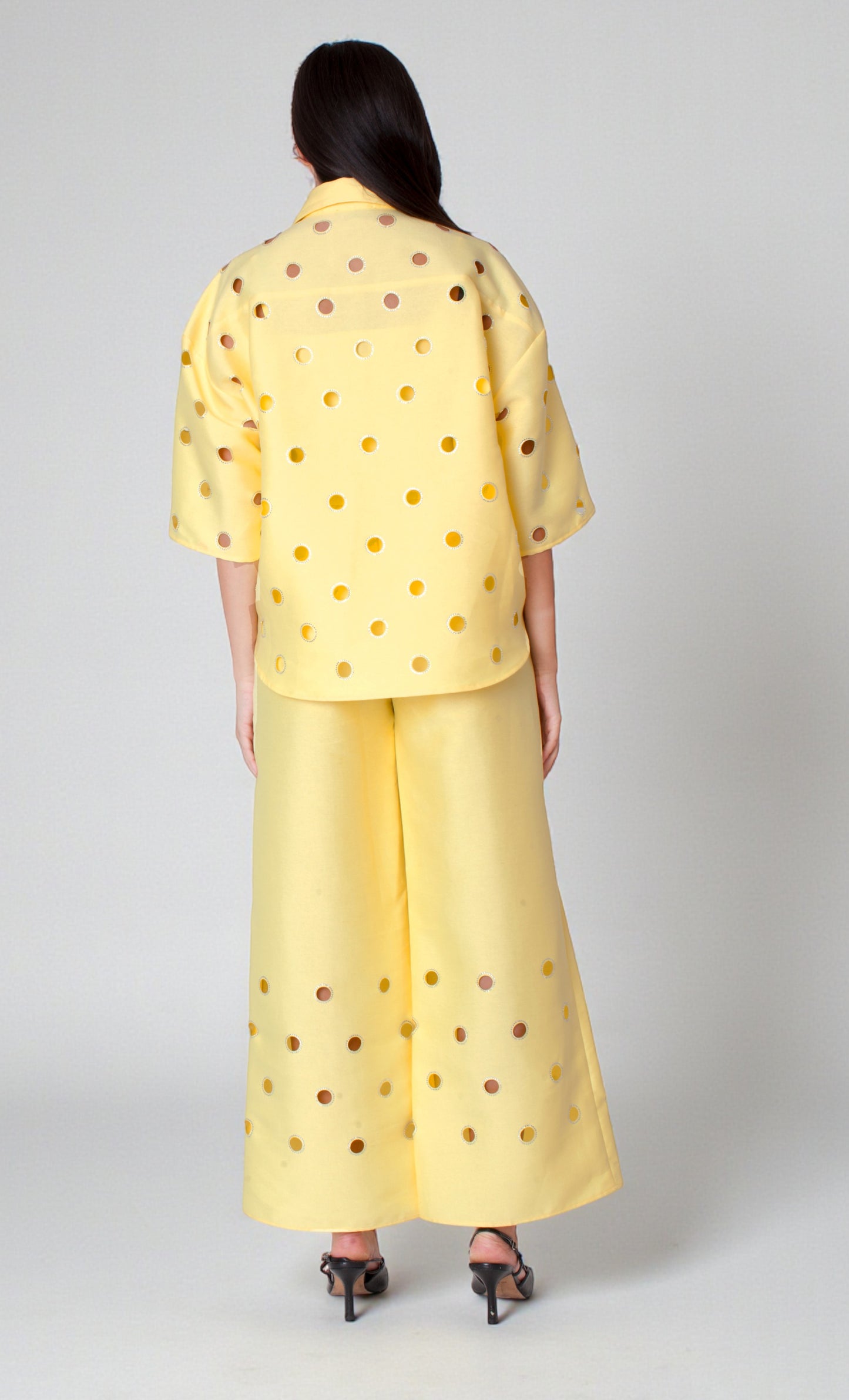 Yellow cutout grommet cropped button-down top with back view – For Her NYC