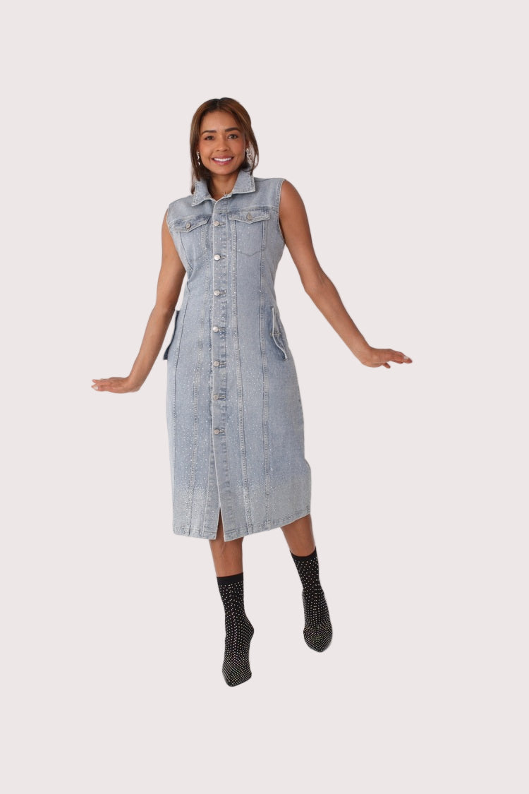 Sleeveless denim dress shown in front standing pose showcasing relaxed fit and classic denim wash, For Her NYC