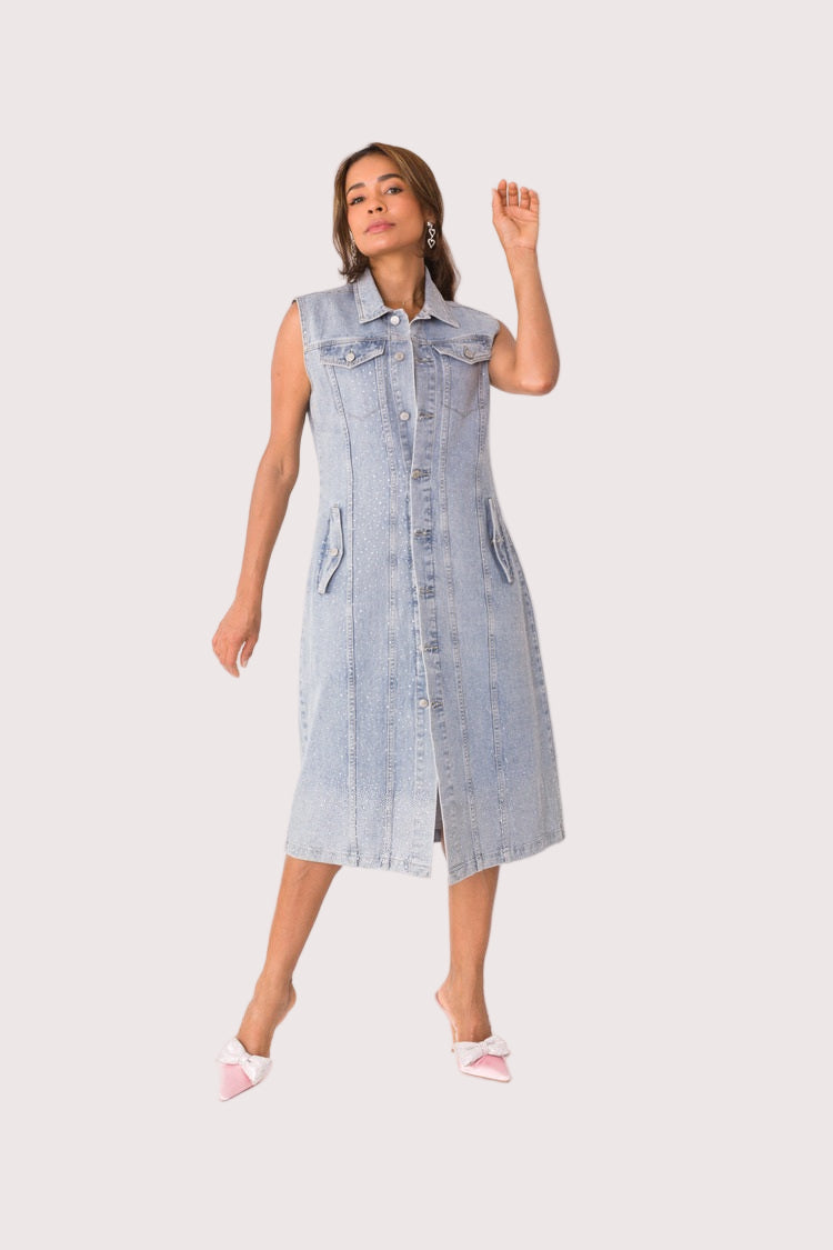 Sleeveless denim dress shown in front standing pose showcasing relaxed fit and classic denim wash, For Her NYC