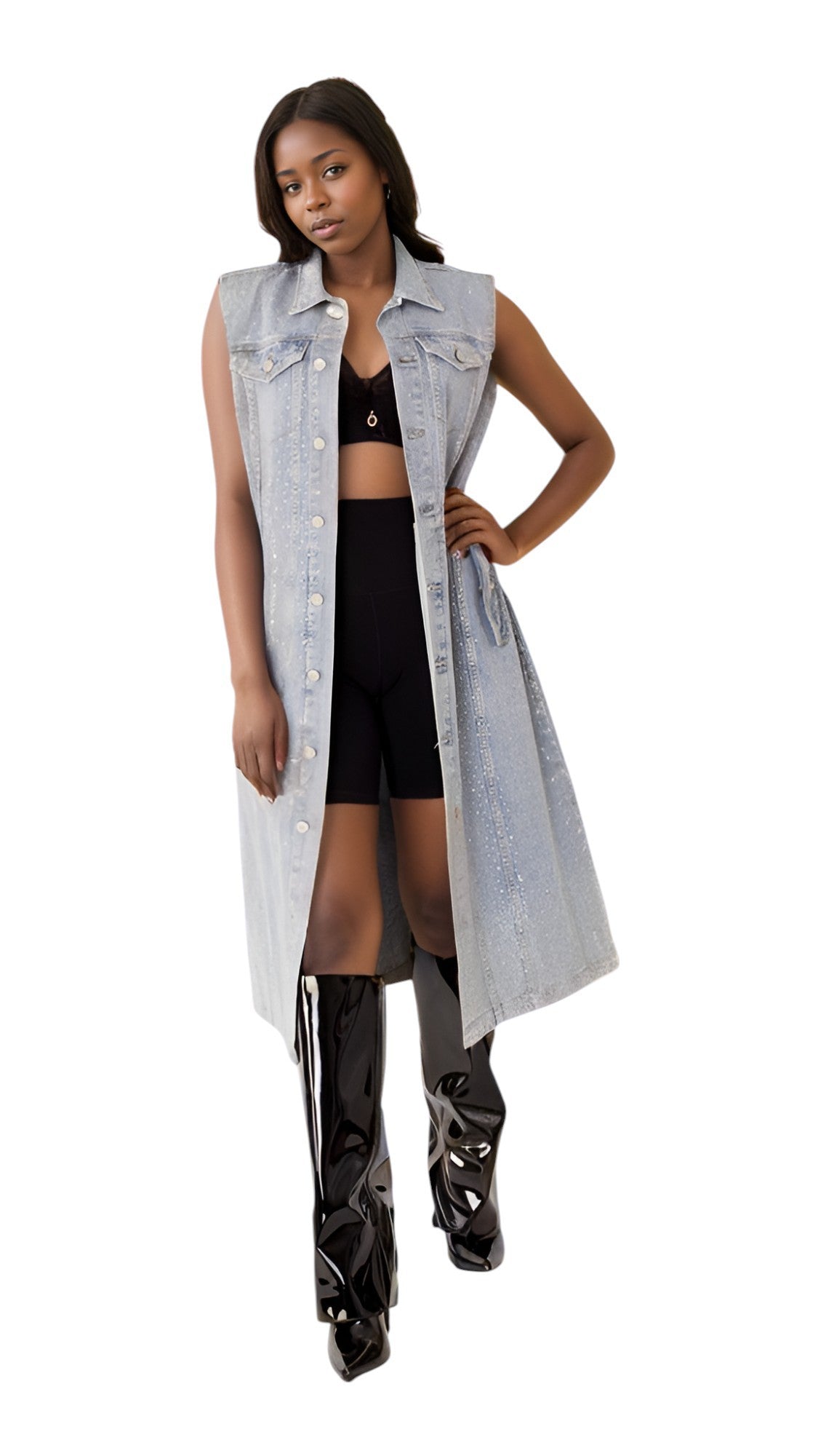 DENIM DUSTER W/ALLOVER RHINESTONES - DENIM