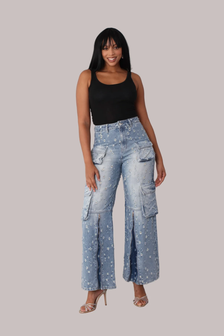 Distressed denim cargo jeans shown front full body view, styled casually, For Her NYC